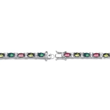 Genevive Sterling Silver White Gold Plated Tennis Bracelet with Colored and Clear Oval Cubic Zirconia in Alternation