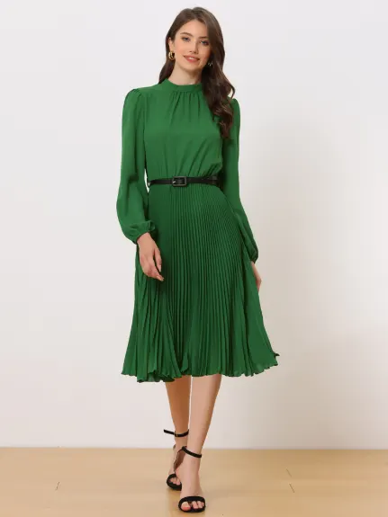 Allegra K- Elegant Long Sleeve Pleated Midi Shirt Dress