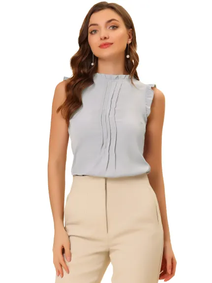 Allegra K- Ruffled Mandarin Collar Sleeveless Pleated Blouse