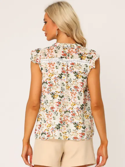 Allegra K - Ruffle Trim Chiffon Floral Blouse