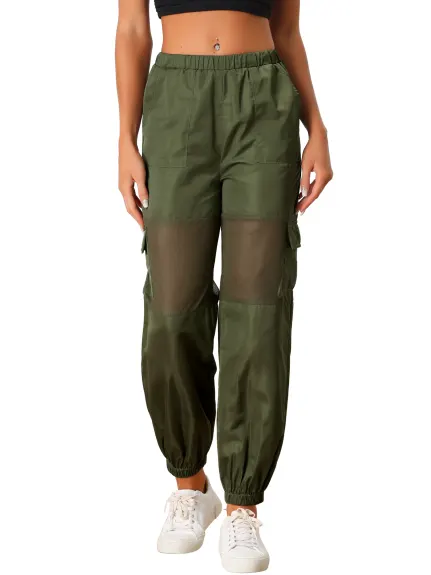 Allegra K- Mesh Panel Pant High Waist Sheer Elastic Baggy Cargo Pants