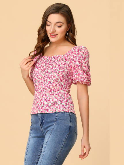 Allegra K- Puff Sleeve Sweetheart Neck Smocked Floral Top