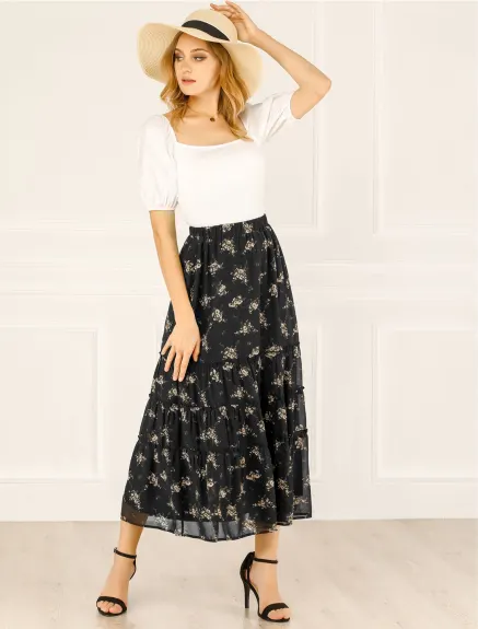 Allegra K- Floral Tiered A-Line Long Chiffon Skirt