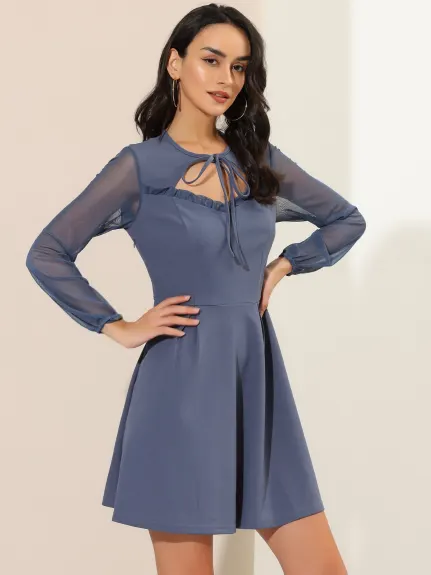 Allegra K- Tie Neck Mini-robe à manches longues en maille à volants