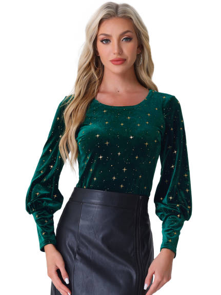 Allegra K - Long Sleeve Stars Pattern Velvet Blouse