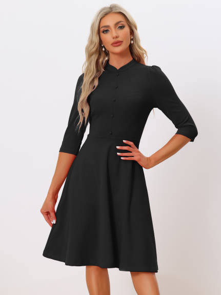 Allegra K- 3/4 Sleeves Stand Collar A-Line Dress