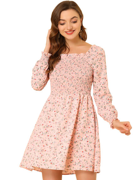 Allegra K- Smocked Square Neck  Floral Mini Dress