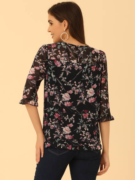 Allegra K- Floral Ruffled 3/4 Sleeve Blouse