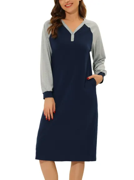 cheibear - Sleepshirt with Pockets Long Sleeves Nightgown