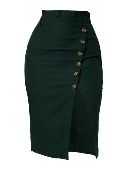 Allegra K - Button Decor Split Belted Pencil Skirt