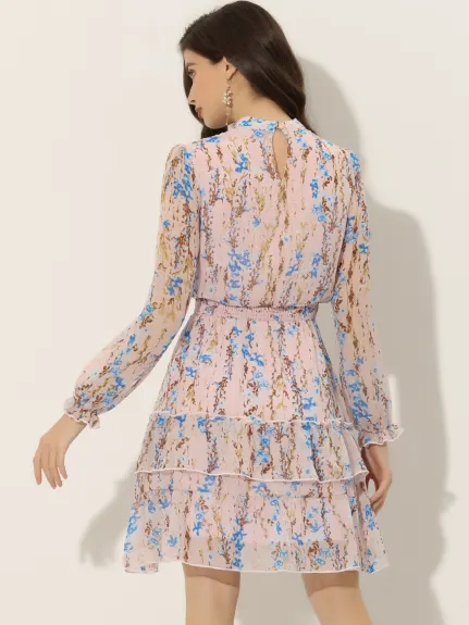 Allegra K- Floral Smocked Waist Sheer Sleeve Ruffle Layers Chiffon Dress