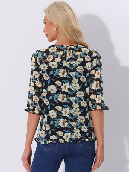 Allegra K- Floral Ruffled 3/4 Sleeve Chiffon Blouse