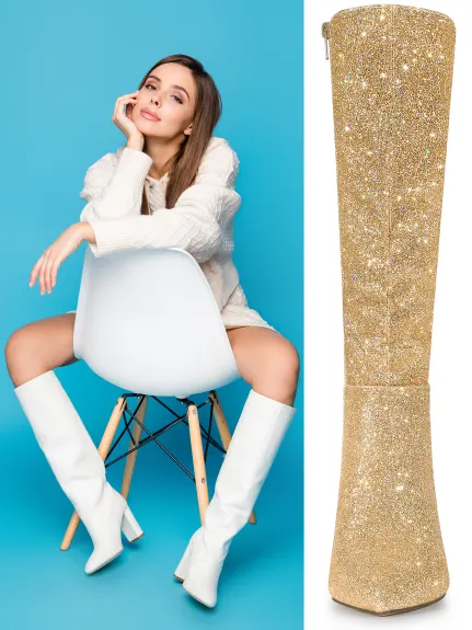 Allegra K - Glitter Stiletto Heel Knee High Boots