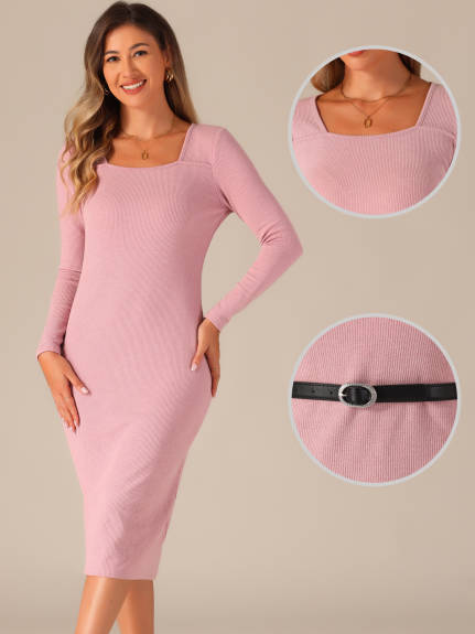 Allegra K - Square Neck Belt Bodycon Long Sleeve Dress