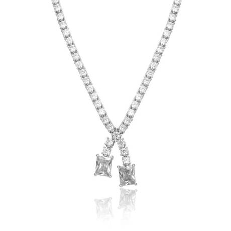 Genevive Sterling Silver White Gold Plating with Colored Cubic Zirconia Two-Stone Tennis Necklace