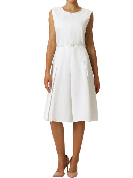 Hobemty- Sleeveless Zip Up Belted Fit and Flare Dress