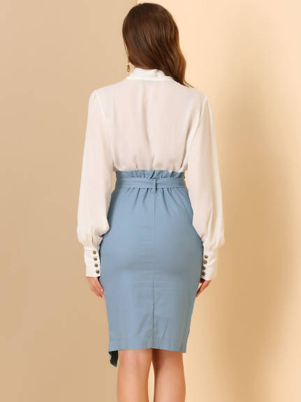 Allegra K - Button Decor Split Belted Pencil Skirt