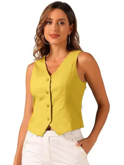 Allegra K- Button Down V Neck Crop Summer Vest