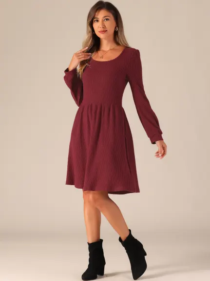 Allegra K - Scoop Neck Long Puff Sleeve Sweater Dress