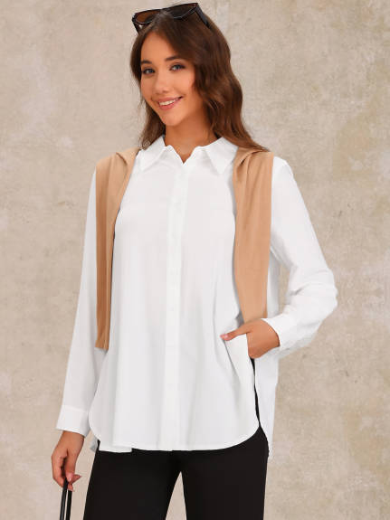 Allegra K - Button Down Side Slits Loose Shirt