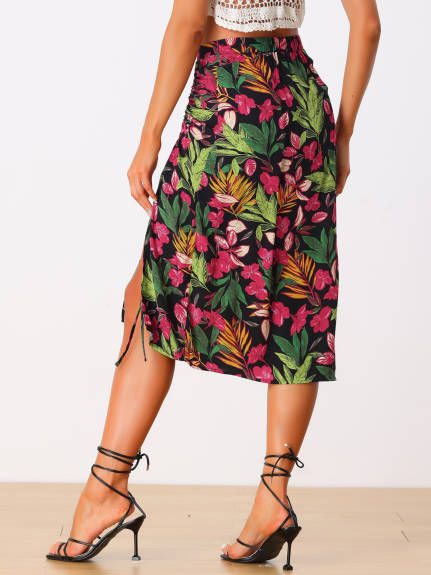 Allegra K- Flowy Ruched Front Floral Midi Skirt