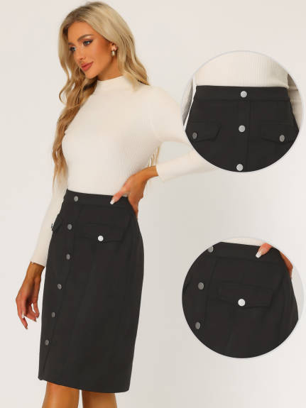 Allegra K- Suede Button Pockets Decor A-Line Skirt