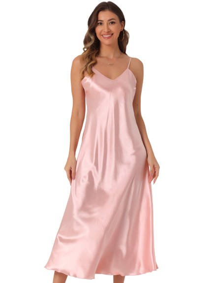 Allegra K - Satin V Neck Spaghetti Strap Maxi Dress