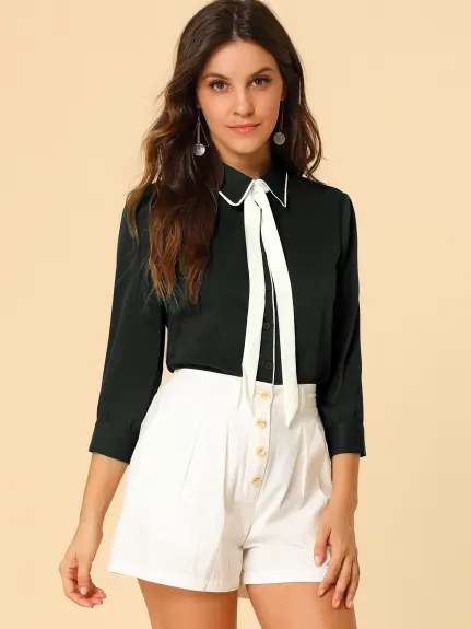 Allegra K- 3/4 Sleeve Contrast Color Tie Neck Shirt