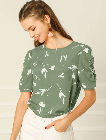 Allegra K- Floral Crew Neck Shirred Short Sleeve Blouse