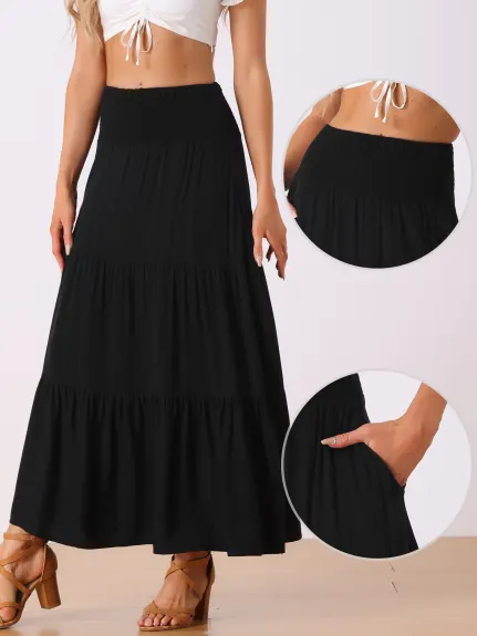 Allegra K- Elastic High Waist Boho Tiered Summer Maxi Skirt