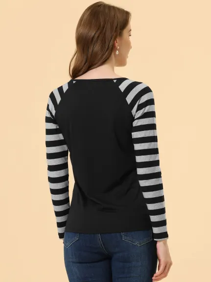 Allegra K- Stripe Raglan Long Sleeve V Neck T-Shirt