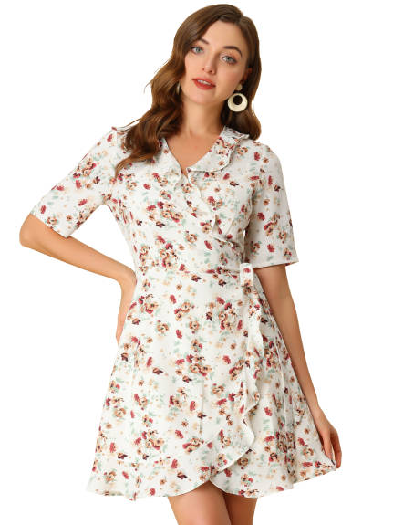 Allegra K- Mini robe florale à volants et à nouer à manches courtes bouffantes