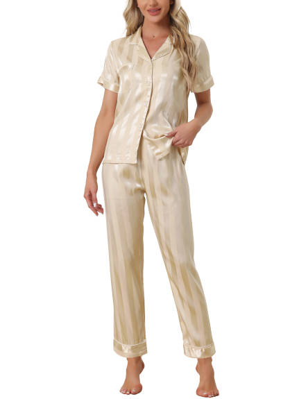 cheibear - Satin Button Down Shirt Long Pants Pajama Set