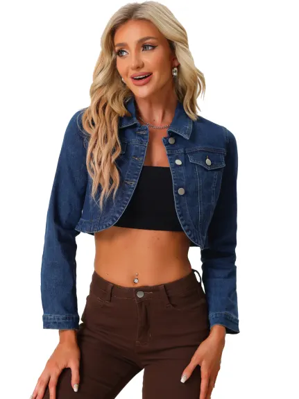 Allegra K- Long Sleeve Crop Jean Denim Jacket