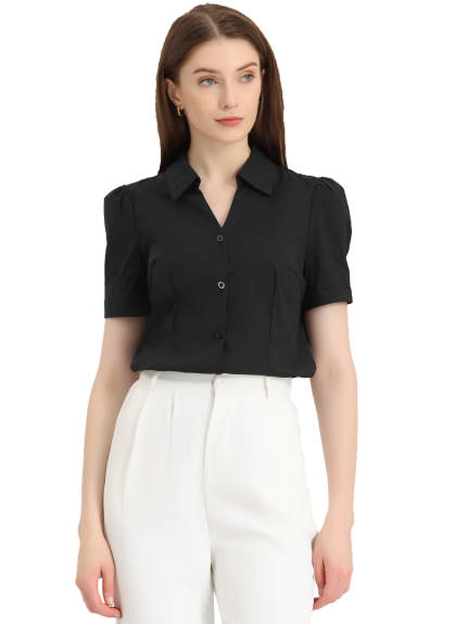 Allegra K- Split V Neck Collar Button Down Shirt