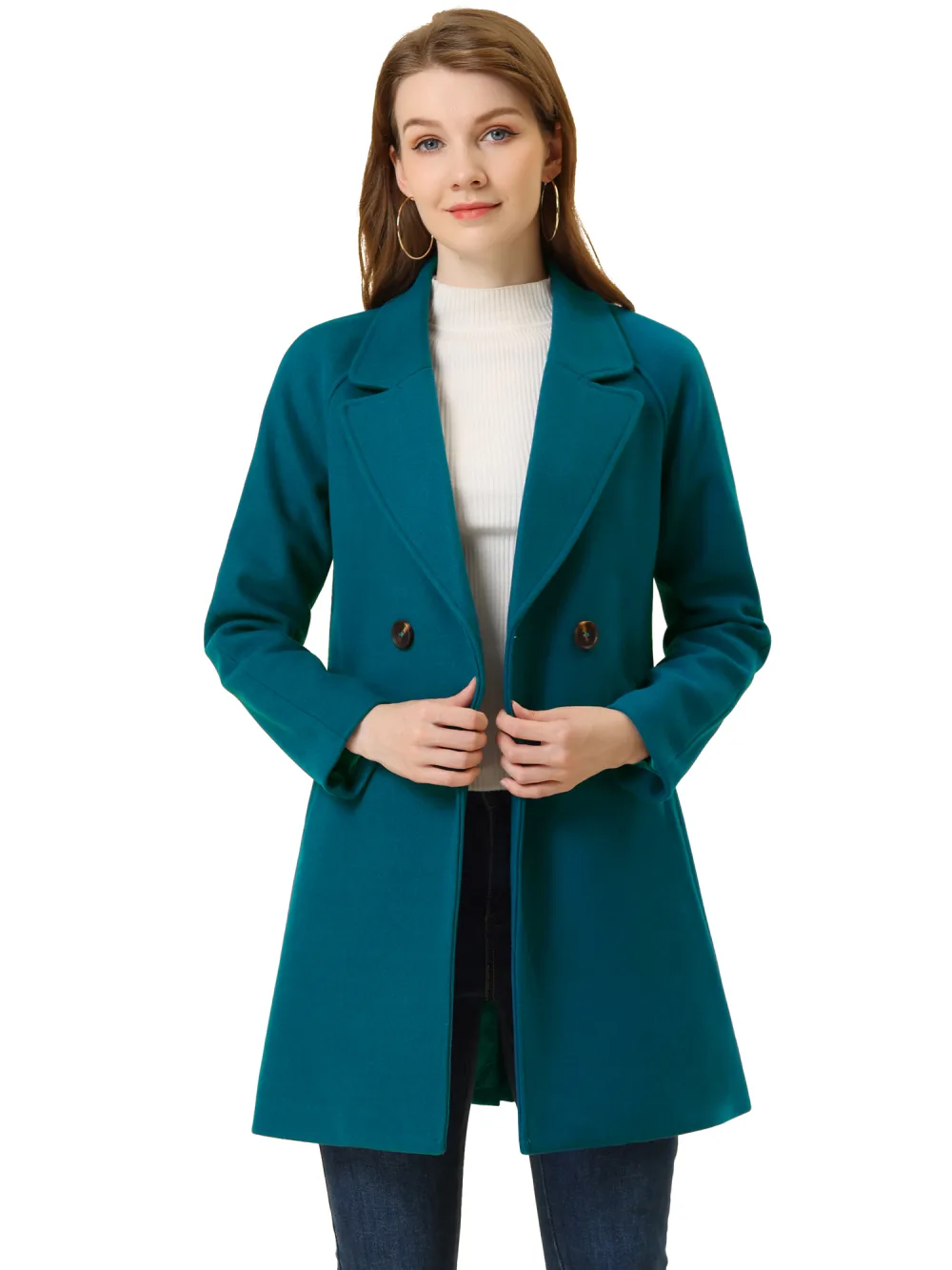 Allegra K- Double Breasted Lapel Raglan Sleeve Mid Length Overcoat