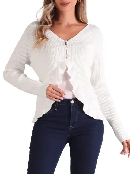 Allegra K - Long Sleeve Ruffle Cropped Knit Cardigan