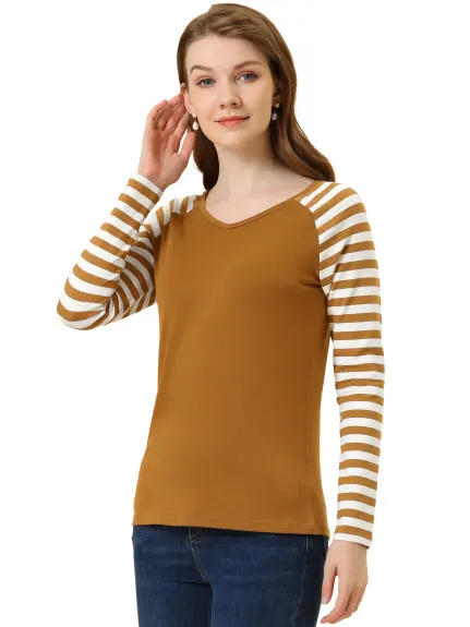 Allegra K- Stripe Raglan Long Sleeve V Neck T-Shirt