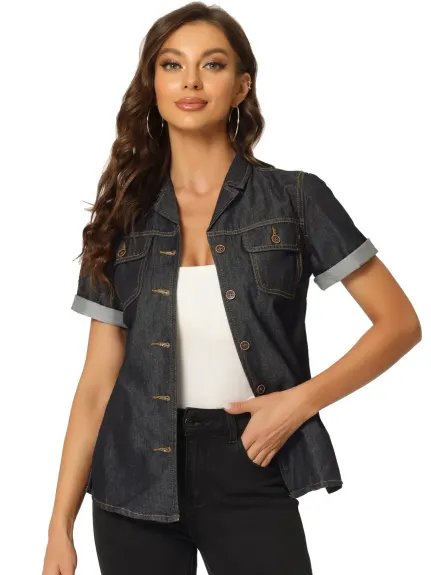 Allegra K- Button Down Notched Collar Jean Shirt