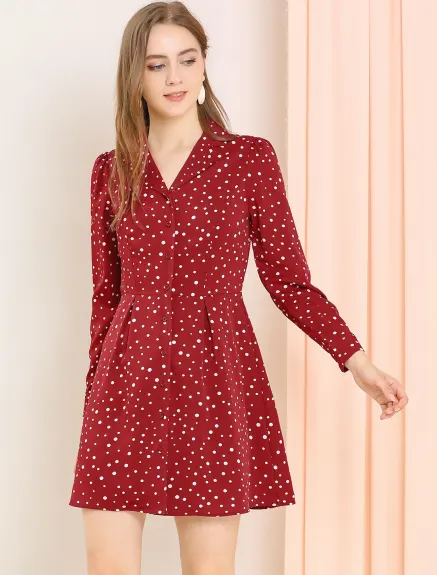 Allegra K- Robe chemise à pois et revers cranté à col en V