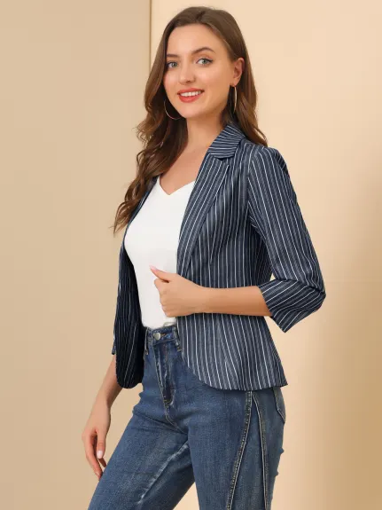 Allegra K- Casual Striped 3/4 Sleeves Open Front Notched Lapel Blazer