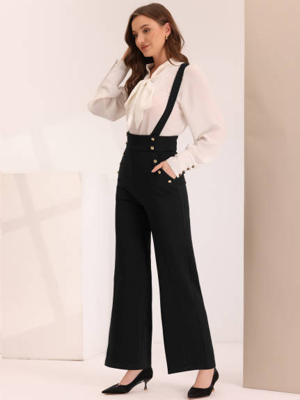 Allegra K - Adjustable Suspenders Wide Leg Pants