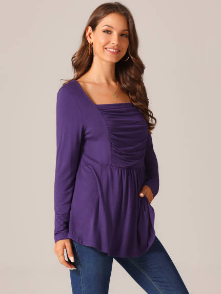 Allegra K - Long Sleeve Square Neck Tunic Top