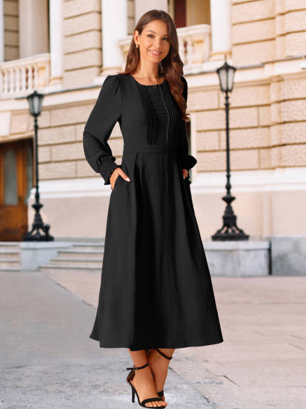 Allegra K - Pleated Front Flowy Long Sleeve Dress