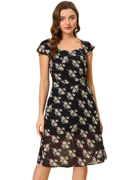 Allegra K- Smocked Sweetheart Cap Sleeve Cinched Floral Chiffon Midi Dress