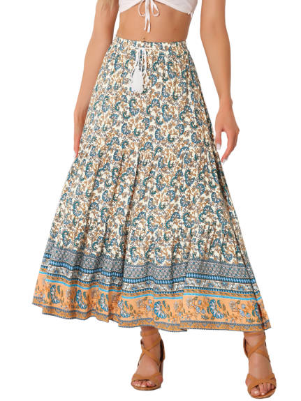 Allegra K- Boho Floral Elastic Waist Maxi Skirt