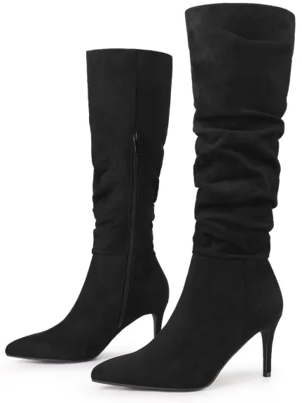 Allegra K - Slouch Pointed Toe Stiletto Heel Knee High Boots