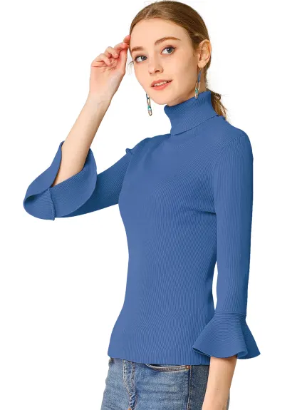 Allegra K- Turtle Neck 3/4 Ruffle Sleeves Pullover Slim Rib Knit Sweater