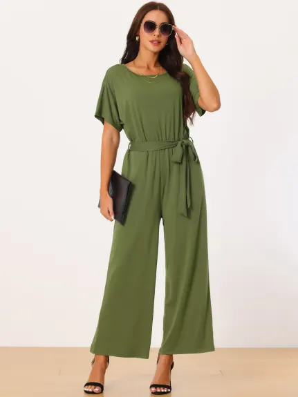 Allegra K - Crewneck Short Sleeve Belted Casual Jumpsuit