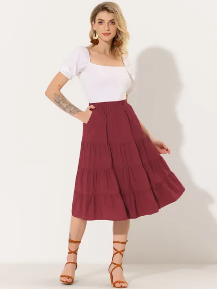 Allegra K- Elastic Waist Tiered A-Line Midi Skirt